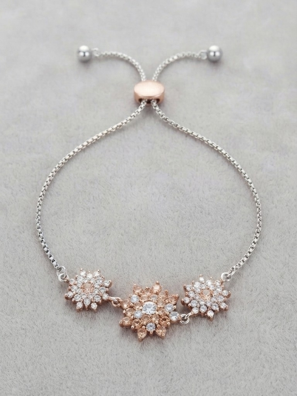 Rose Gold & Silver Pave Crystal Floral Cluster Bolo Bracelet